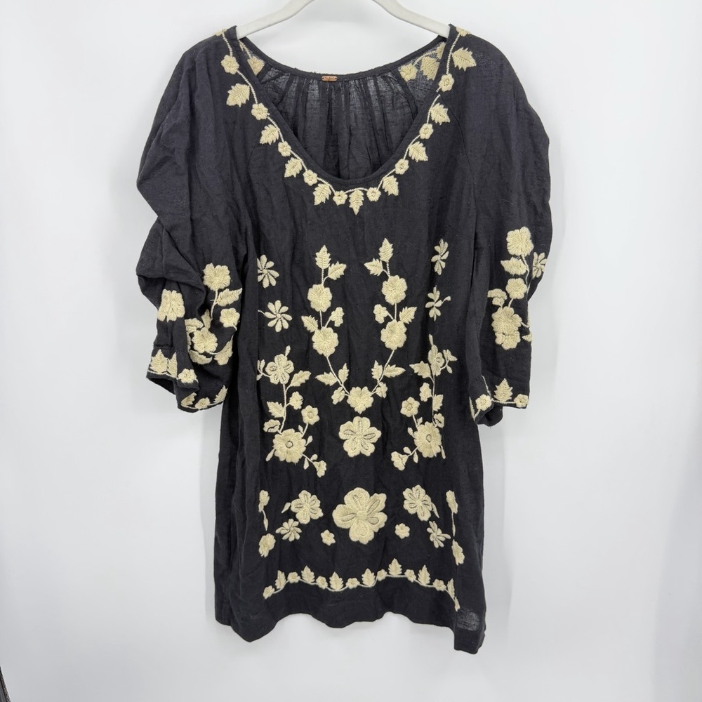 Free People Black Mini Dress with Cream Floral Embroidery